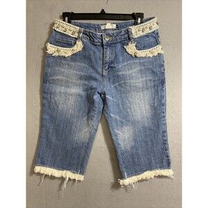 Women's Embellished Blue Jean Shorts with Lace Trim